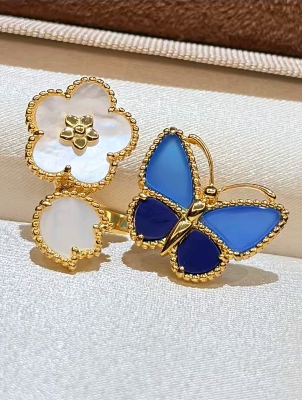 Gold Floral and Blue Butterfly Enamel Stud Earrings - Picture 3 of 7